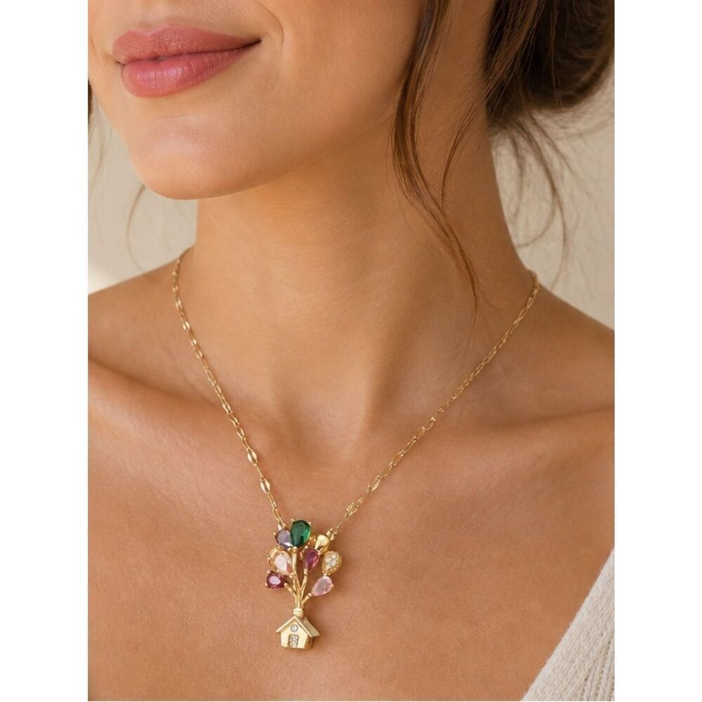 Gold-Plated Multicolor Gem Tree House Pendant Necklace R 592